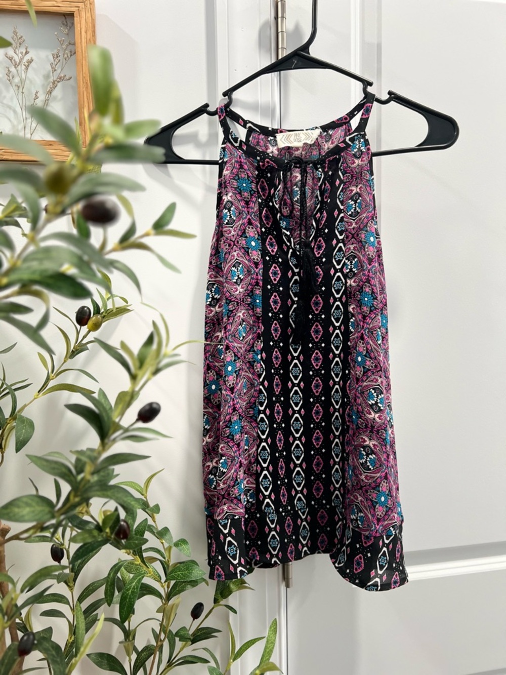 Pink Rose Black Halter Top with Pink and Teal Paisley Print